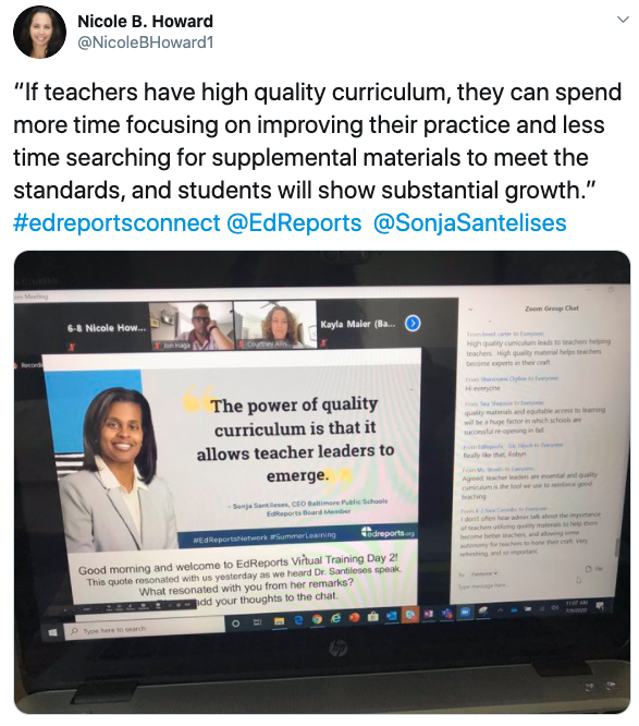 Nicole Howard tweet: "If teachers have high quality curriculum, they can spend more time focusing on improving their practice and less time searching for supplemental materials to mee the standards, and students will show substantial growth." #edreportsconnect @EdReports @SonjaSantelises
